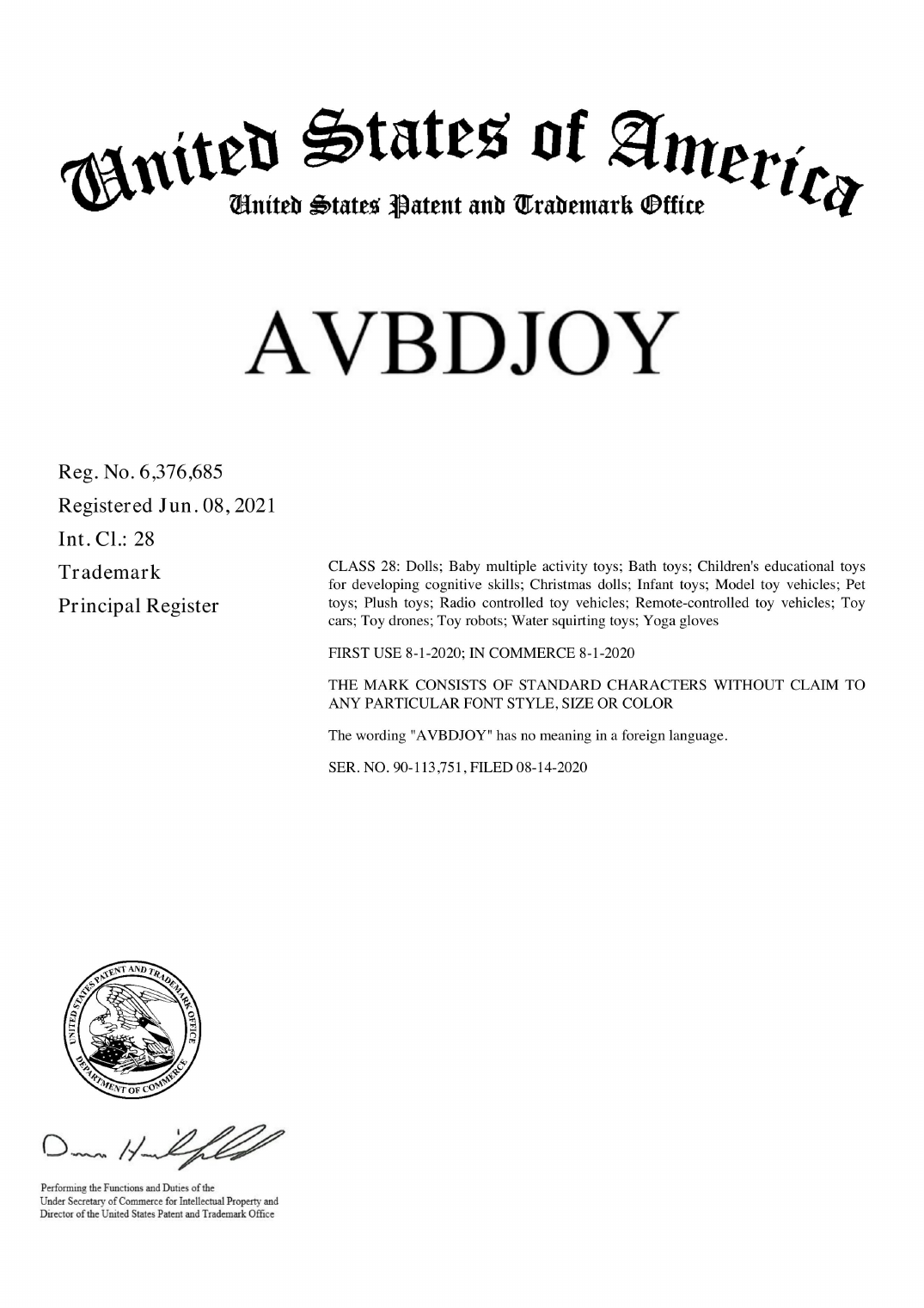 Preview of the AVBDJOY United States trademark registration certificate